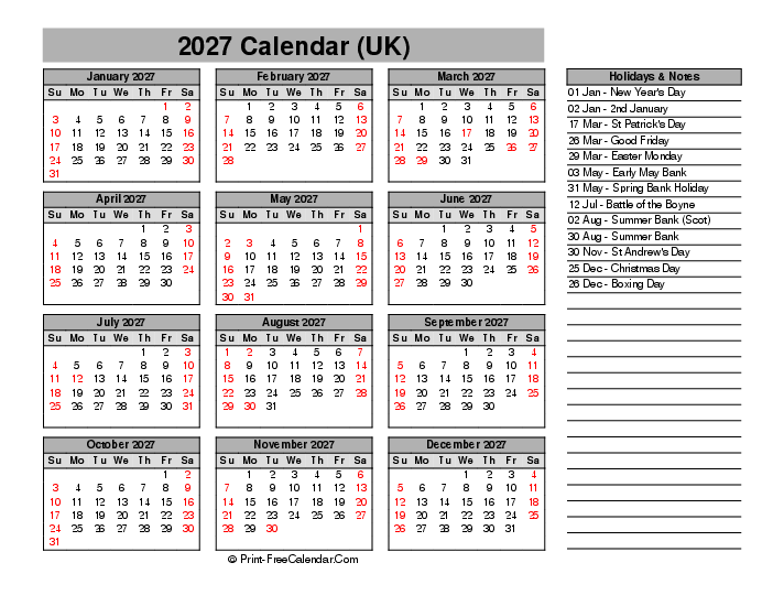 year 2027 calendar printable with uk-bank holidays, week start on sunday, Landscape orientation