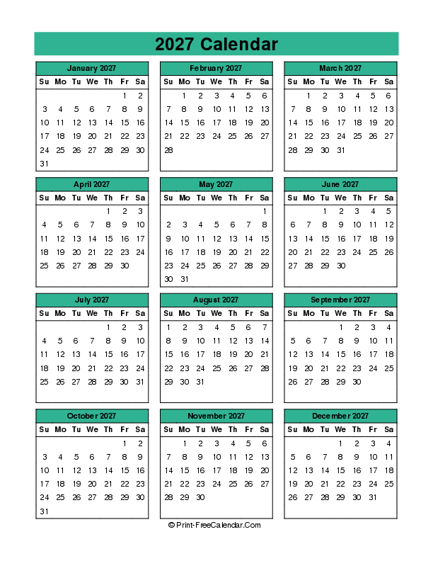 year 2027 calendar sunday start portrait