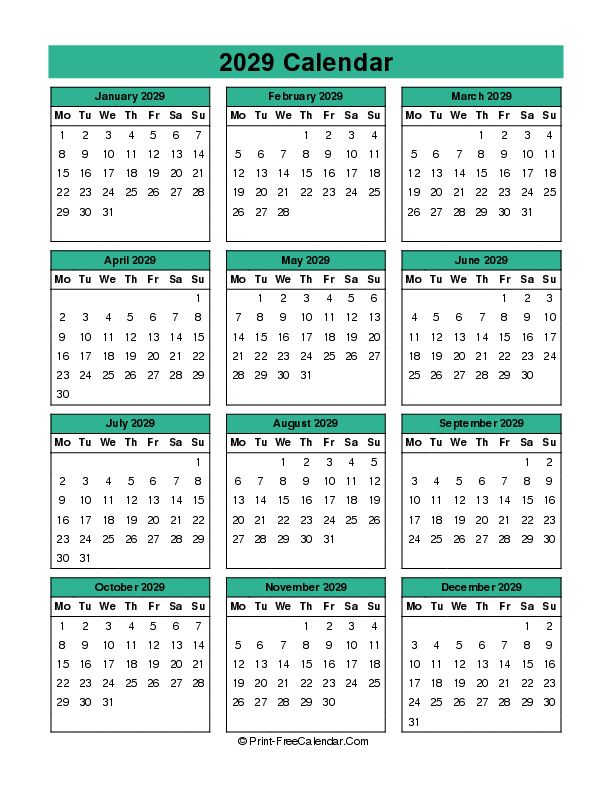 year 2029 calendar portrait monday start