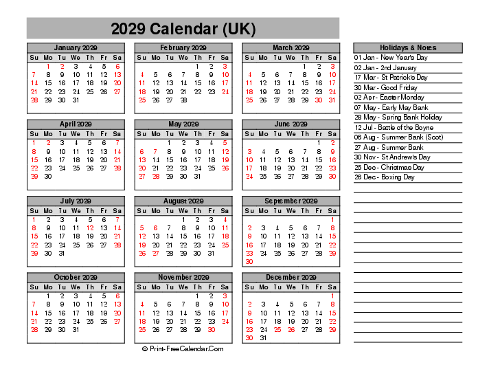 year 2029 calendar printable with uk-bank holidays, week start on sunday, Landscape orientation
