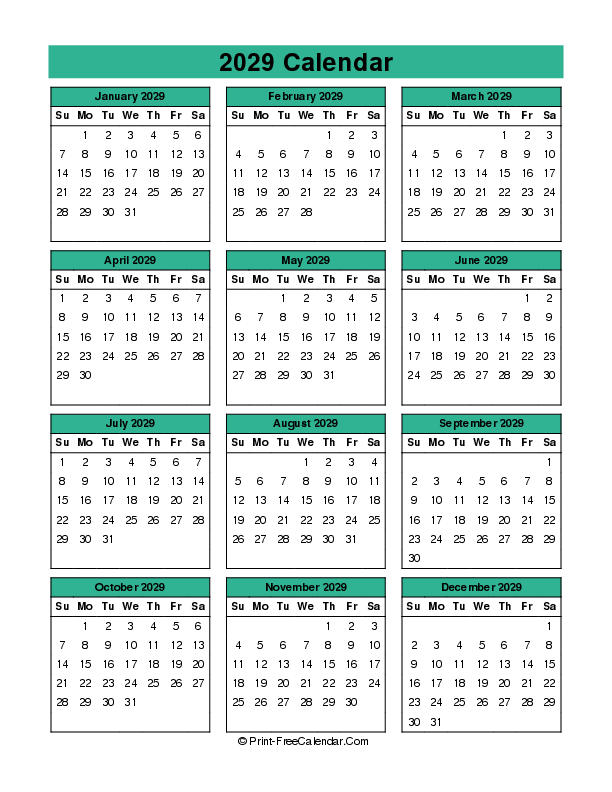 Year 2029 Calendar Sunday Start, Portrait Layout