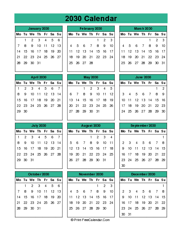 year 2030 calendar portrait monday start