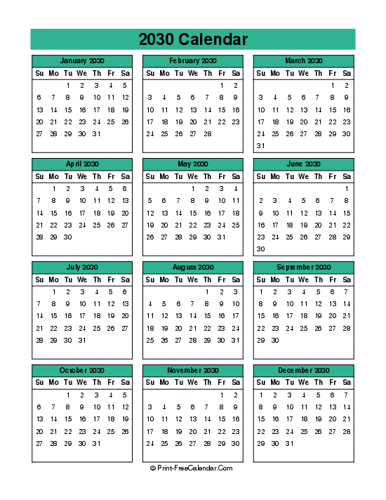 year 2030 calendar sunday start portrait