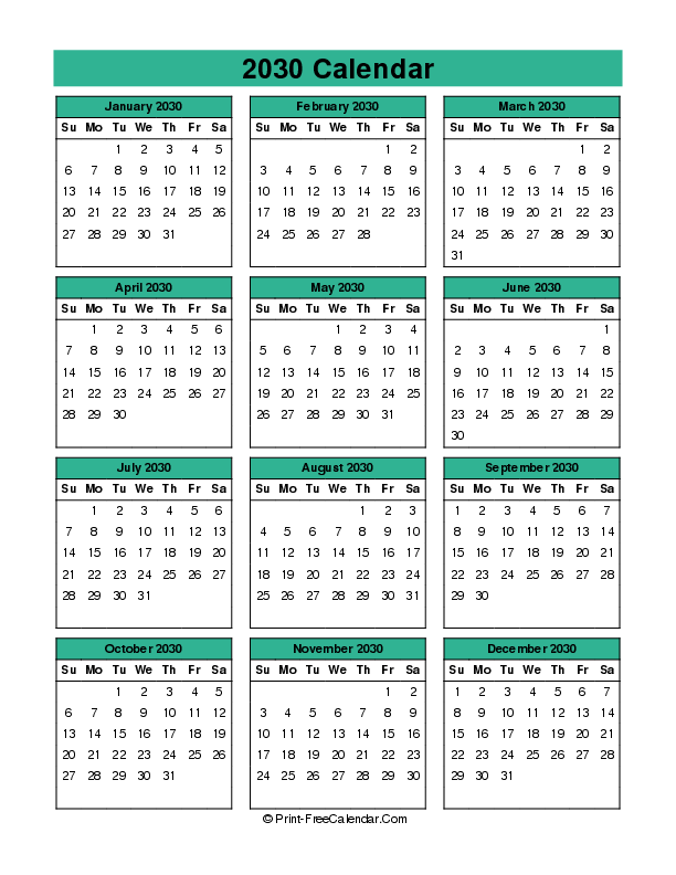 year 2030 calendar sunday start portrait