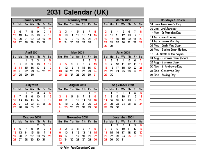 Year 2031 Calendar Printable With Uk Bank Holidays Sunday Start, Landscape Layout