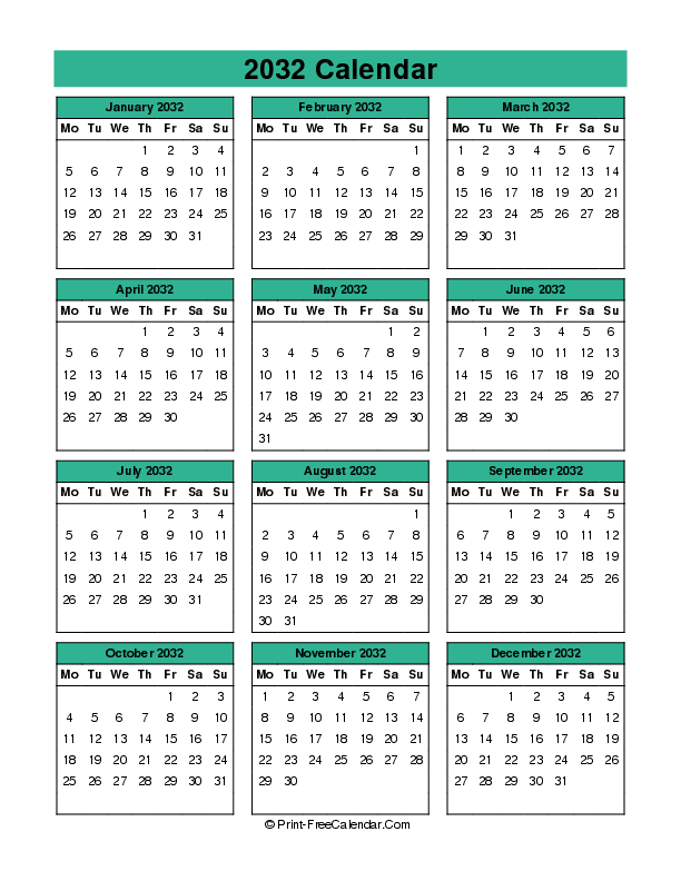 year 2032 calendar portrait monday start