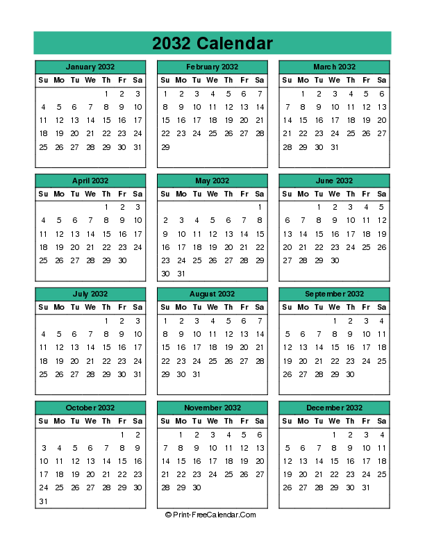 year 2032 calendar sunday start portrait