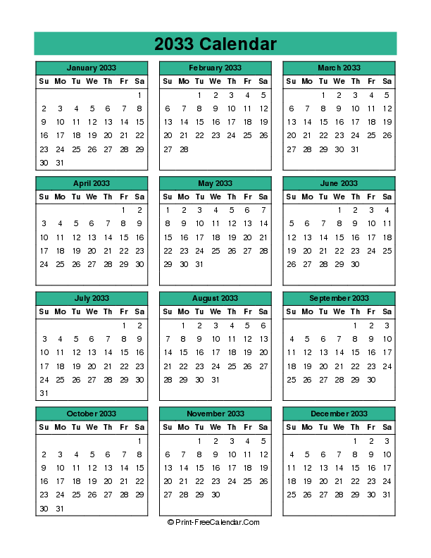 year 2033 calendar sunday start portrait