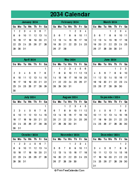 year 2034 calendar sunday start portrait