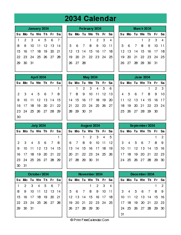 year 2034 calendar sunday start portrait