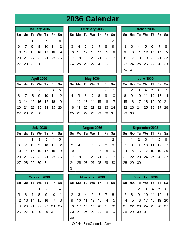 year 2036 calendar sunday start portrait