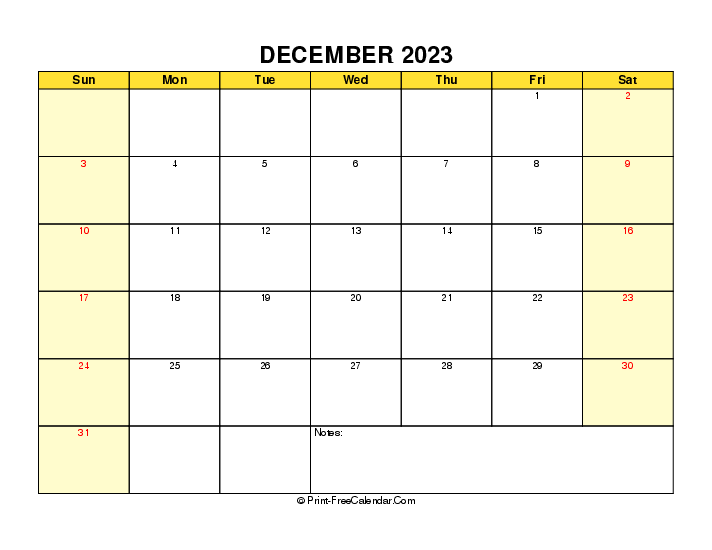 yellow printable 2023 december calendar sunday start landscape