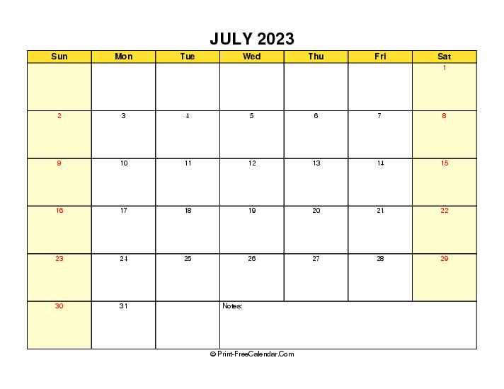 yellow printable 2023 july calendar sunday start landscape