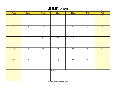 printable 2023 june calendar, weeks start on sunday, landscape