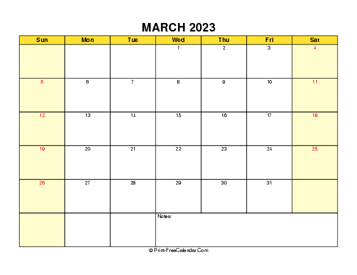yellow printable 2023 march calendar sunday start landscape