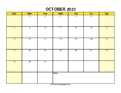 printable 2023 october calendar, weeks start on sunday, landscape