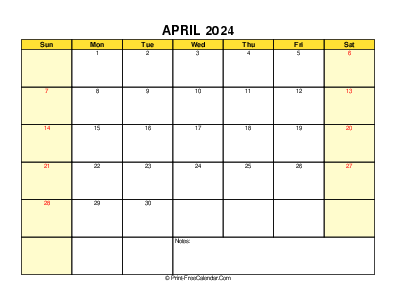 printable 2024 april calendar, weeks start on sunday, landscape