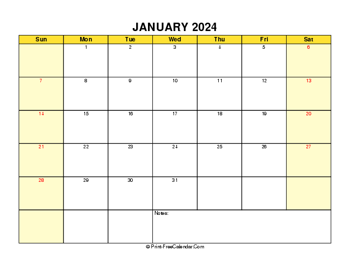 Yellow Printable 2024 January Calendar Sunday Start, Landscape Layout
