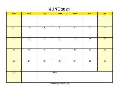 printable 2024 june calendar, weeks start on sunday, landscape