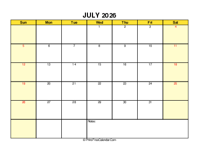 printable 2026 july calendar, weeks start on sunday, landscape