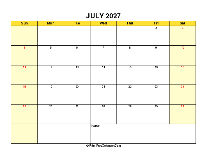yellow printable 2027 july calendar sunday start landscape