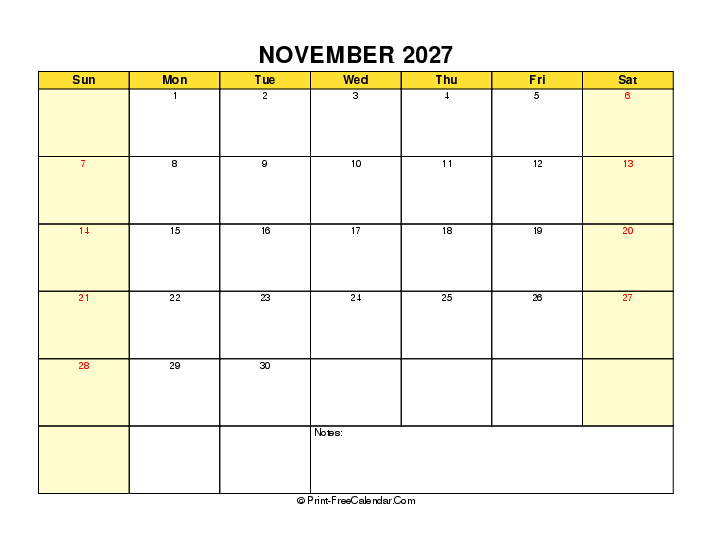 yellow printable 2027 november calendar sunday start landscape