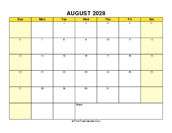 yellow printable 2028 august calendar sunday start landscape