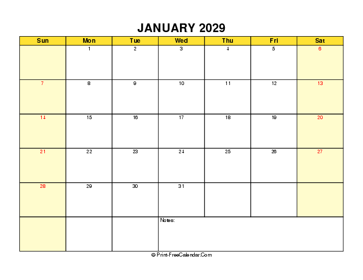 printable 2029 january calendar