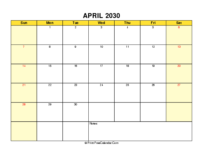 yellow printable 2030 april calendar sunday start landscape