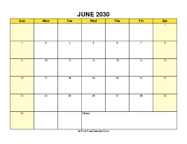 printable 2030 june calendar